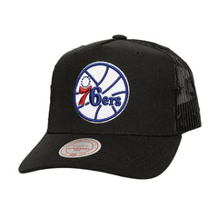 Mitchell & Ness Philadelphia 76ers Monogram Allover Logo Mesh Trucker Adjustable Hat Black
