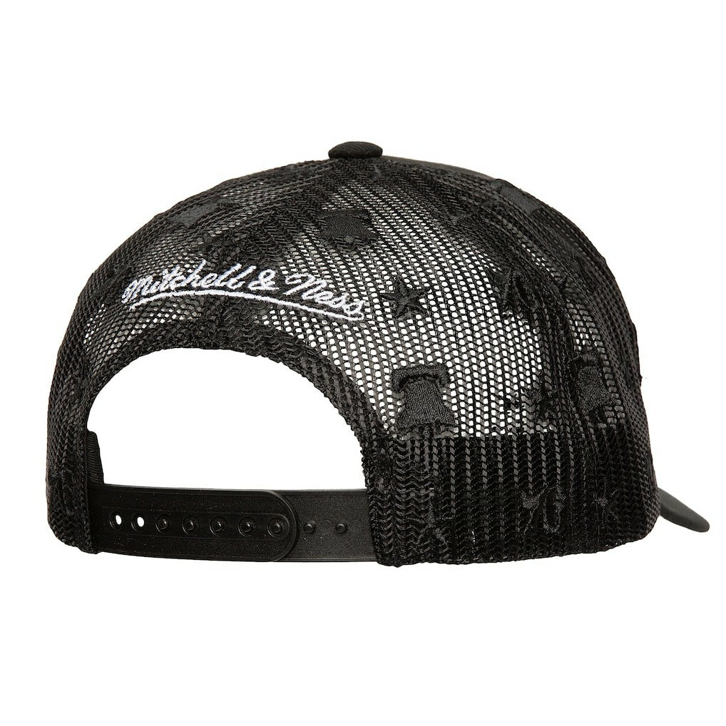 Mitchell & Ness Philadelphia 76ers Monogram Allover Logo Mesh Trucker Adjustable Hat Black