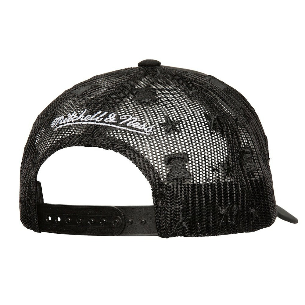 Mitchell & Ness Philadelphia 76ers Monogram Allover Logo Mesh Trucker Adjustable Hat Black