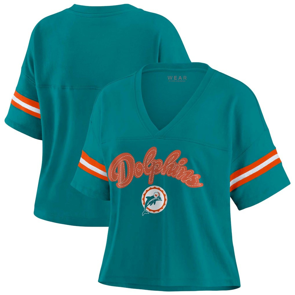 Miami Dolphins WEAR by Erin Andrews Women's Plus Size Color Block Boxy V-Neck T-Shirt - Aqua - NFL