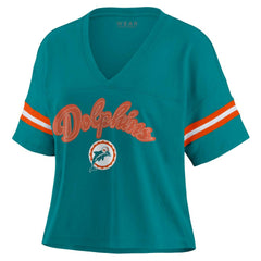 Miami Dolphins WEAR by Erin Andrews Women's Plus Size Color Block Boxy V-Neck T-Shirt - Aqua - NFL