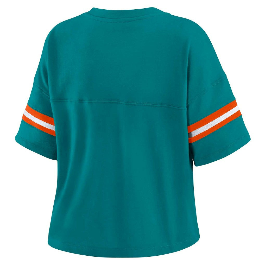 Miami Dolphins WEAR by Erin Andrews Women's Plus Size Color Block Boxy V-Neck T-Shirt - Aqua - NFL