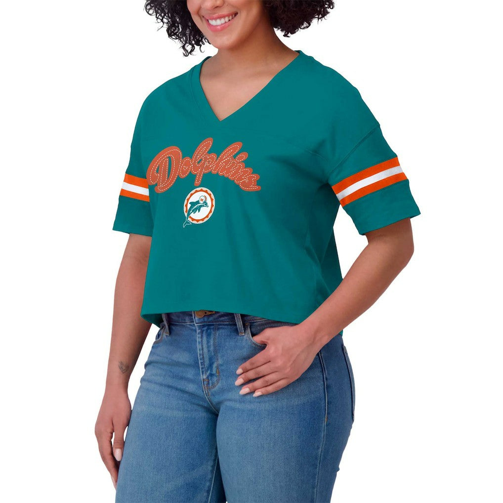 Miami Dolphins WEAR by Erin Andrews Women's Plus Size Color Block Boxy V-Neck T-Shirt - Aqua - NFL