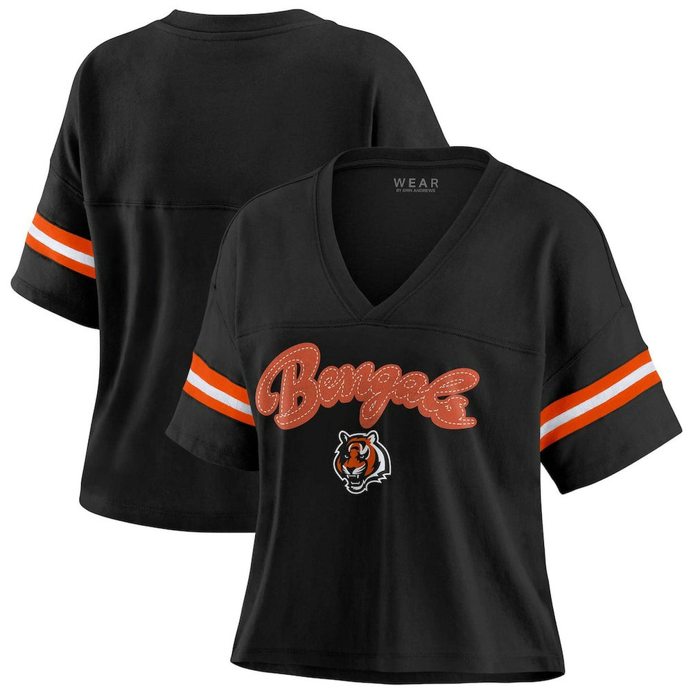Cincinnati Bengals WEAR by Erin Andrews Women's Plus Size Color Block Boxy V-Neck T-Shirt - Black - NFL