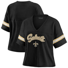 New Orleans Saints WEAR by Erin Andrews Women's Plus Size Color Block Boxy V-Neck T-Shirt - Black - NFL