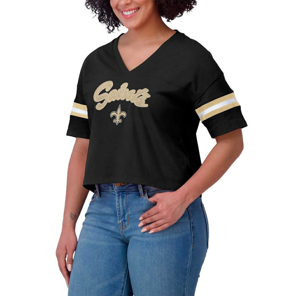 New Orleans Saints WEAR by Erin Andrews Women's Plus Size Color Block Boxy V-Neck T-Shirt - Black - NFL