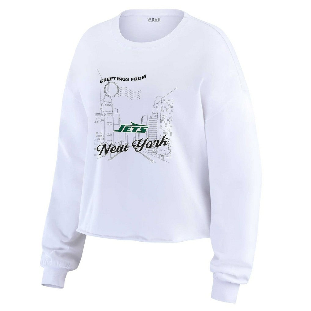 New York Jets WEAR by Erin Andrews Women's Postcard Cropped Long Sleeve Top - White - NFL