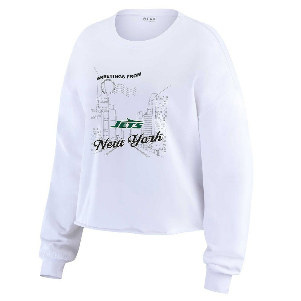 New York Jets WEAR by Erin Andrews Women's Postcard Cropped Long Sleeve Top - White - NFL