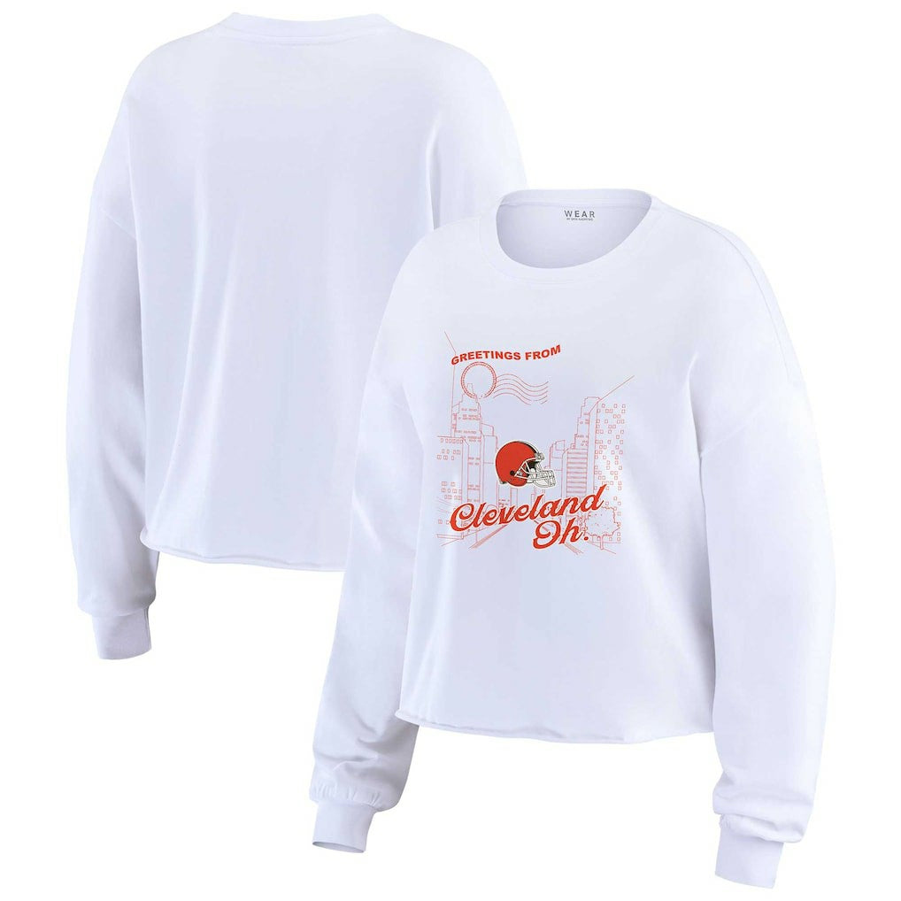 Cleveland Browns WEAR by Erin Andrews Women's Postcard Cropped Long Sleeve Top - White - NFL