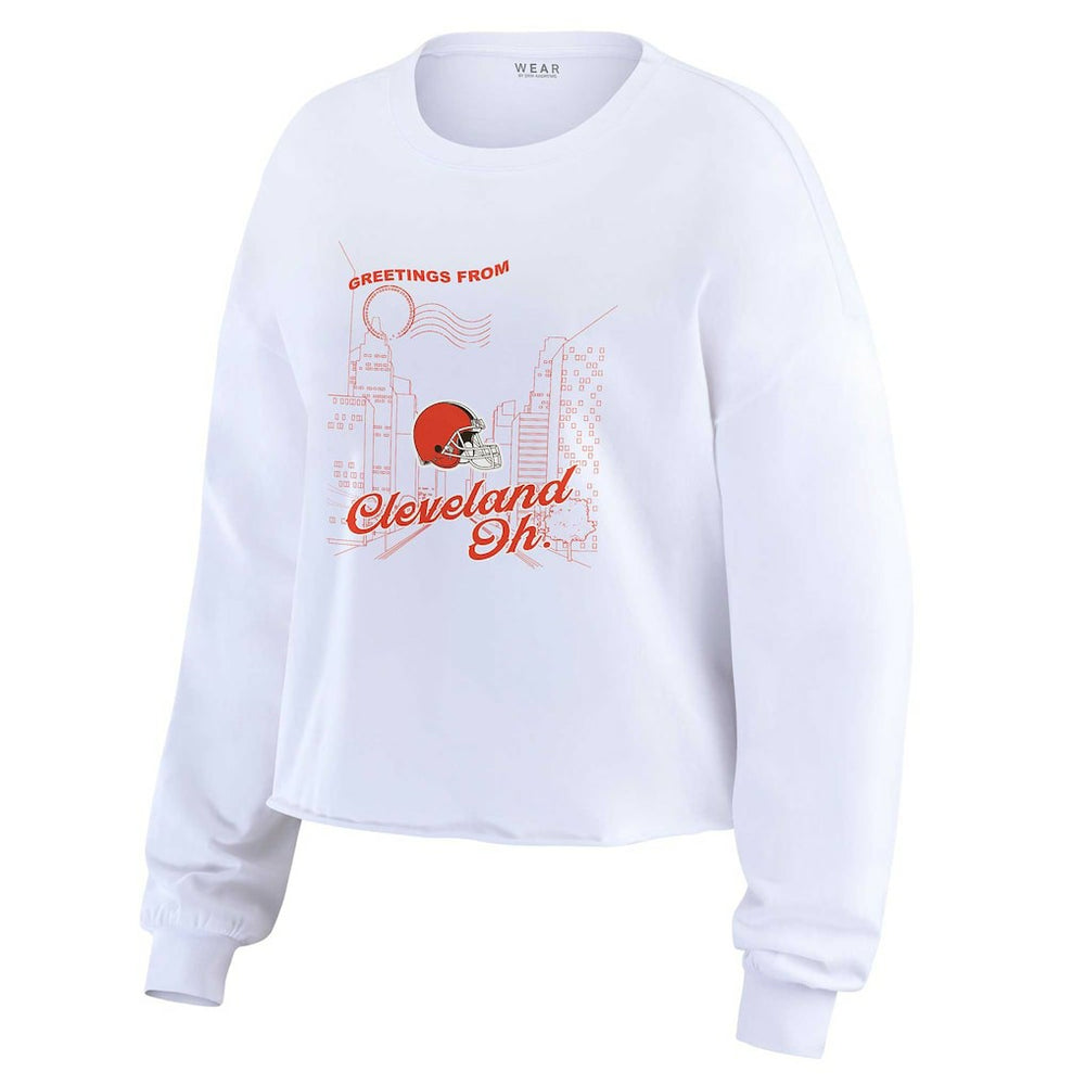 Cleveland Browns WEAR by Erin Andrews Women's Postcard Cropped Long Sleeve Top - White - NFL
