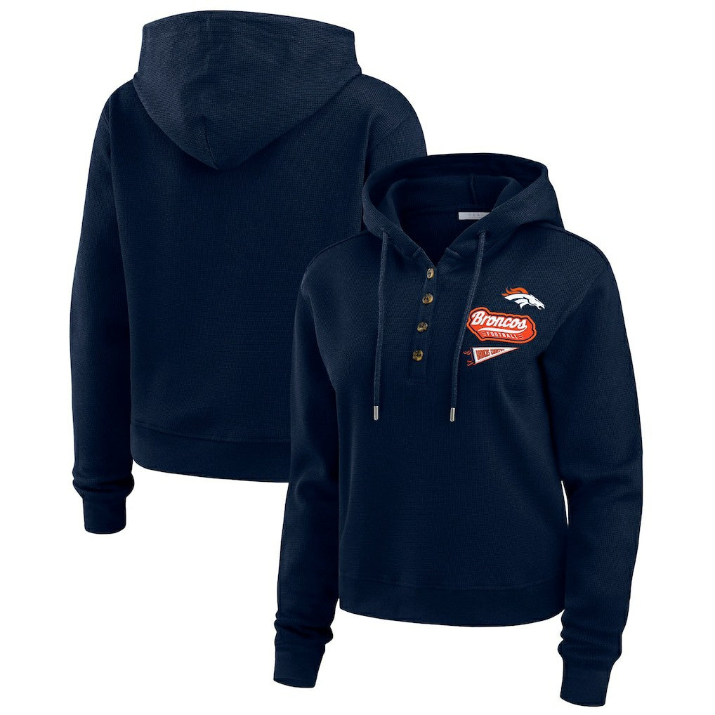 Denver Broncos WEAR by Erin Andrews Women's Waffle-Knit Pullover Hoodie - Navy - NFL