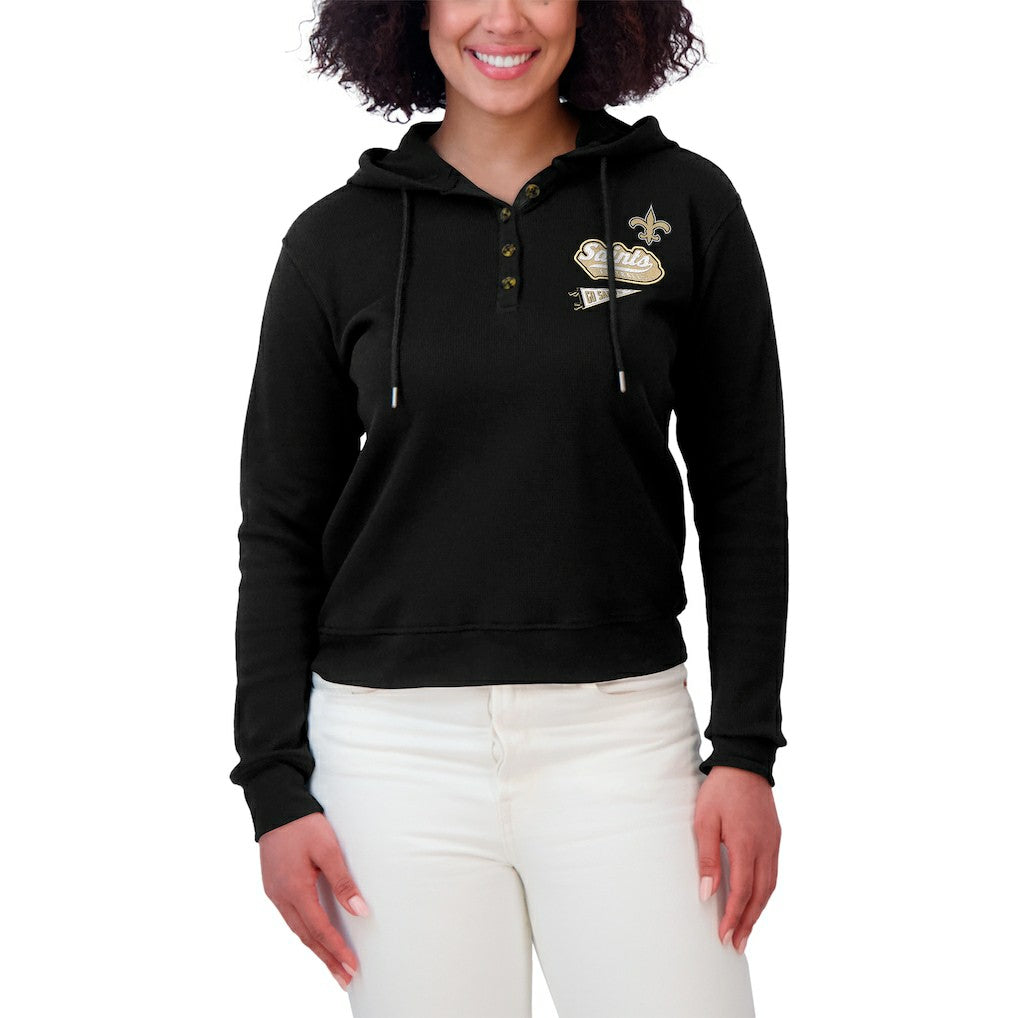 New Orleans Saints WEAR by Erin Andrews Women's Waffle-Knit Pullover Hoodie - Black - NFL