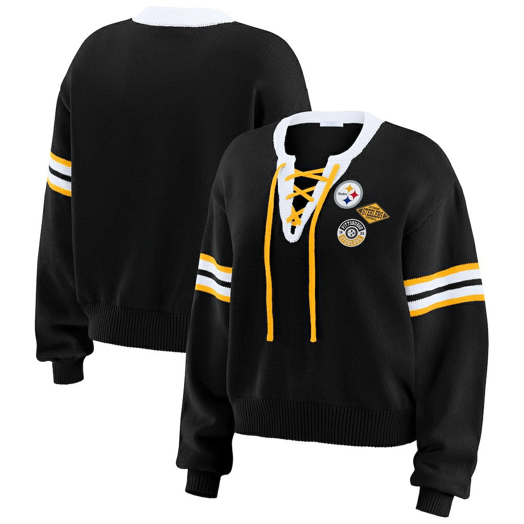 Pittsburgh Steelers WEAR by Erin Andrews Women's Lace-Up Sweater - Black - NFL