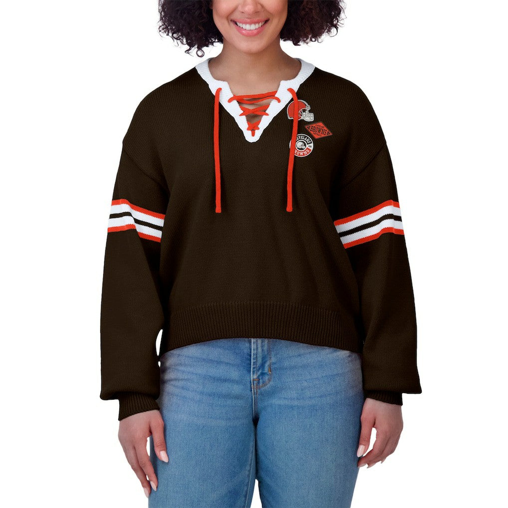 Cleveland Browns WEAR by Erin Andrews Women's Lace-Up Sweater - Brown - NFL