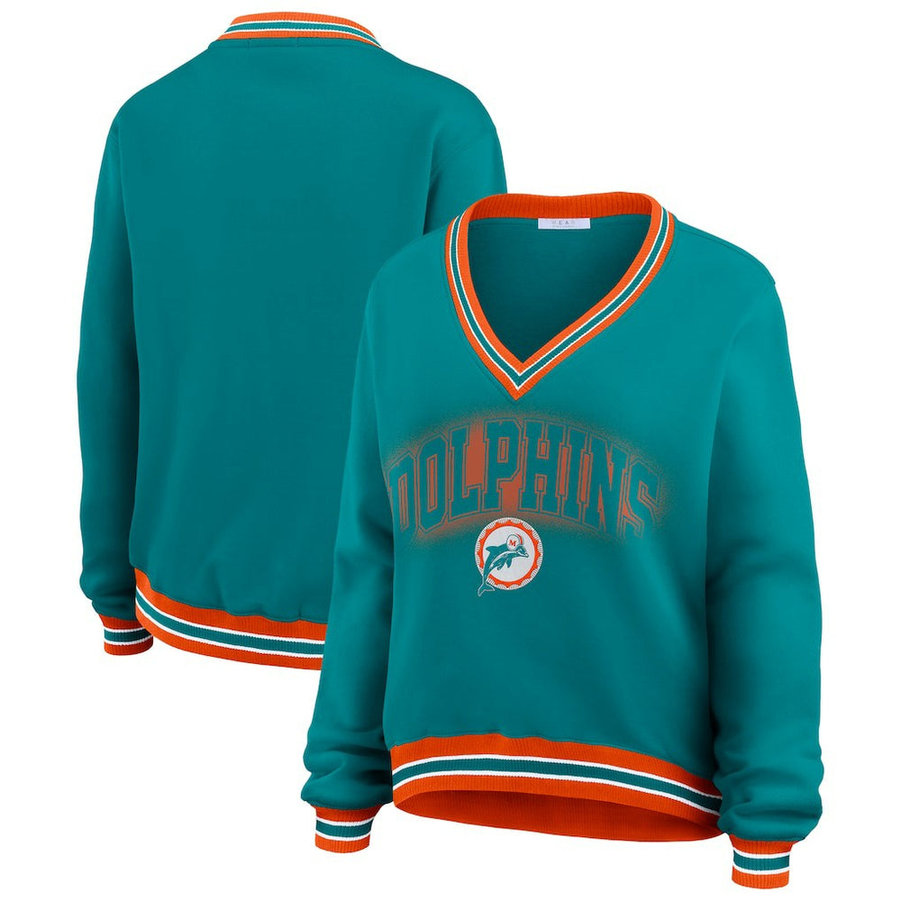 Miami Dolphins WEAR by Erin Andrews Women's Oversized Long Sleeve V-Neck Sweatshirt - Aqua - NFL