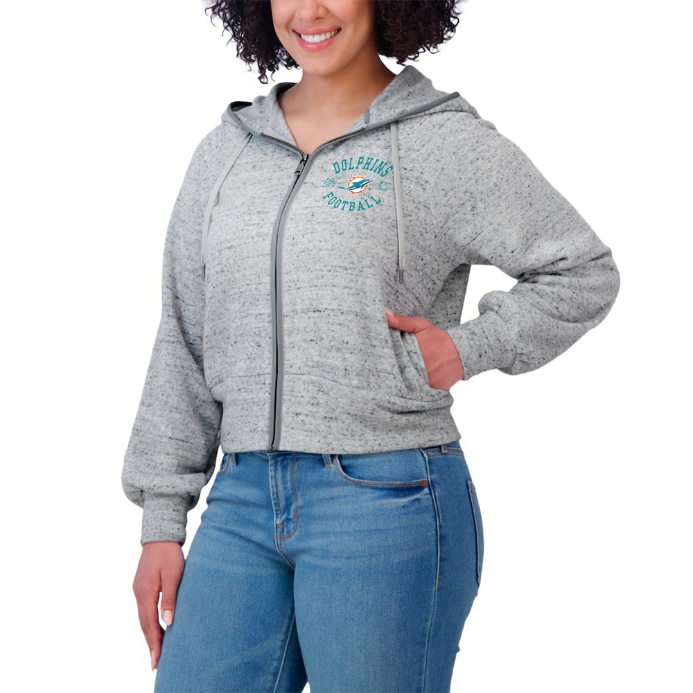 Miami Dolphins WEAR by Erin Andrews Women's Speckled Fleece Cropped Full-Zip Hoodie - Heather Gray - NFL