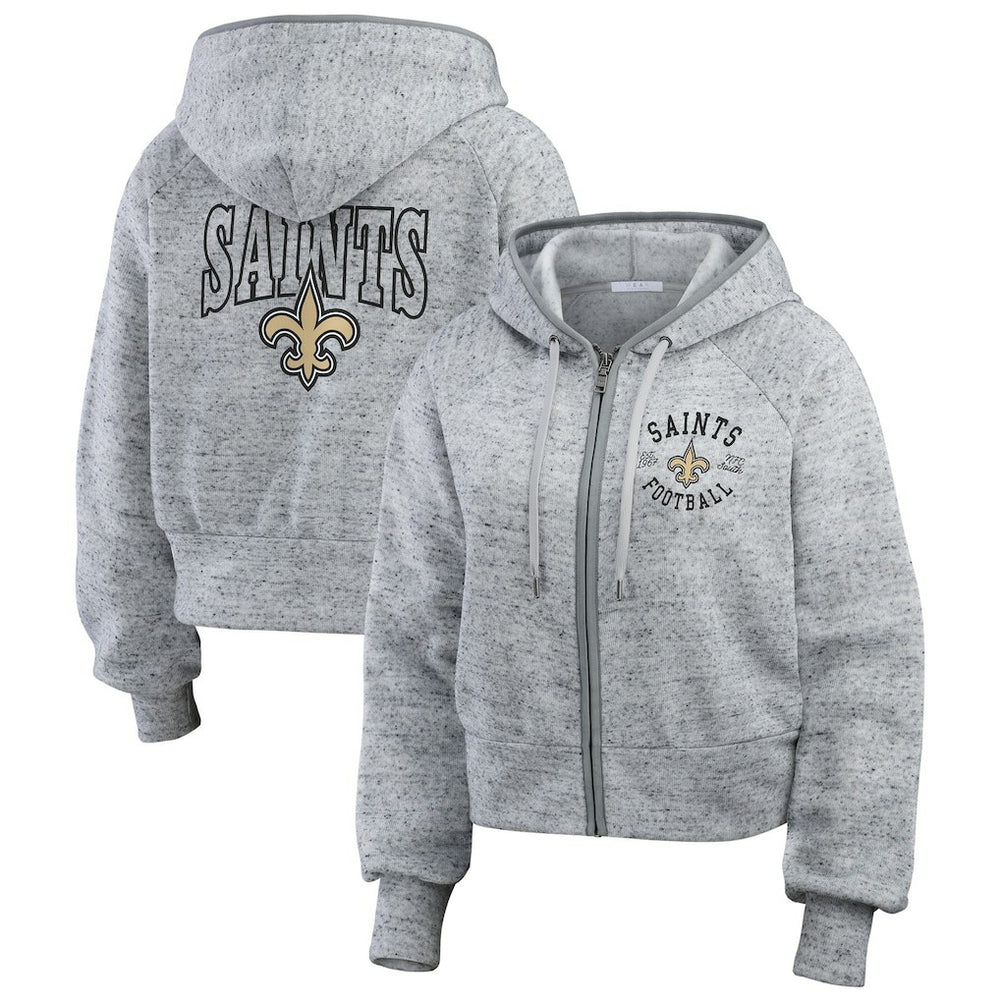 New Orleans Saints WEAR by Erin Andrews Women's Speckled Fleece Cropped Full-Zip Hoodie - Heather Gray - NFL