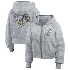 New Orleans Saints WEAR by Erin Andrews Women's Speckled Fleece Cropped Full-Zip Hoodie - Heather Gray - NFL