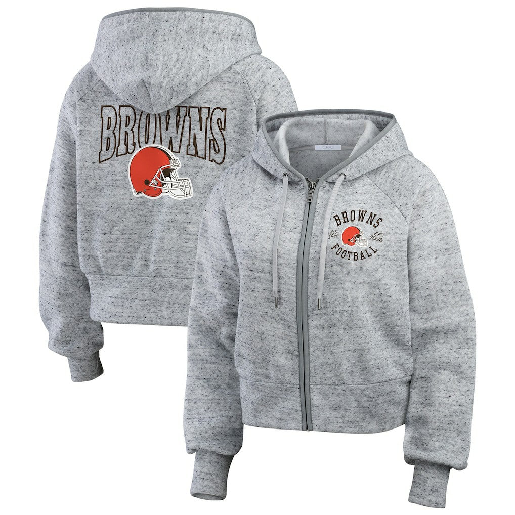 Cleveland Browns WEAR by Erin Andrews Women's Speckled Fleece Cropped Full-Zip Hoodie - Heather Gray - NFL