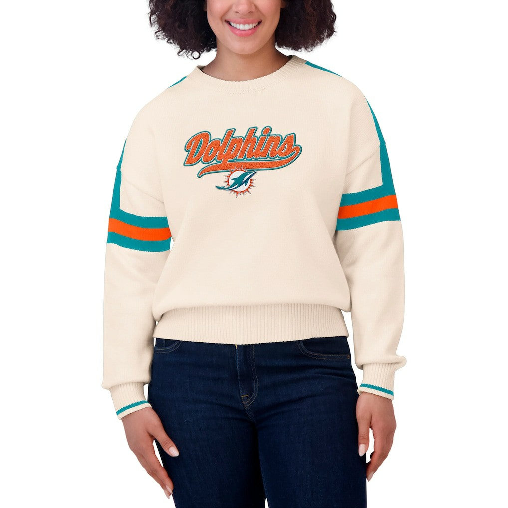 Miami Dolphins WEAR by Erin Andrews Women's Stripe Pullover Sweater - Cream - NFL