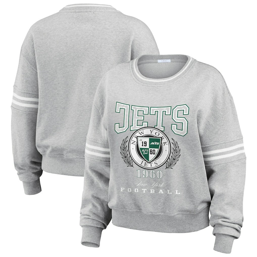 New York Jets WEAR by Erin Andrews Women's Crest Cropped Pullover Sweatshirt - Heather Gray - NFL