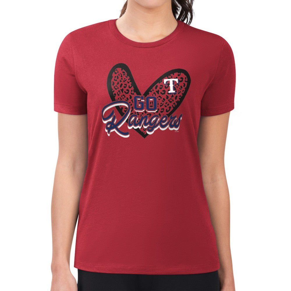 Texas Rangers G-III 4Her by Carl Banks Women's Super-Slim Fit Lightweight Leopard Heart T-Shirt Outlet