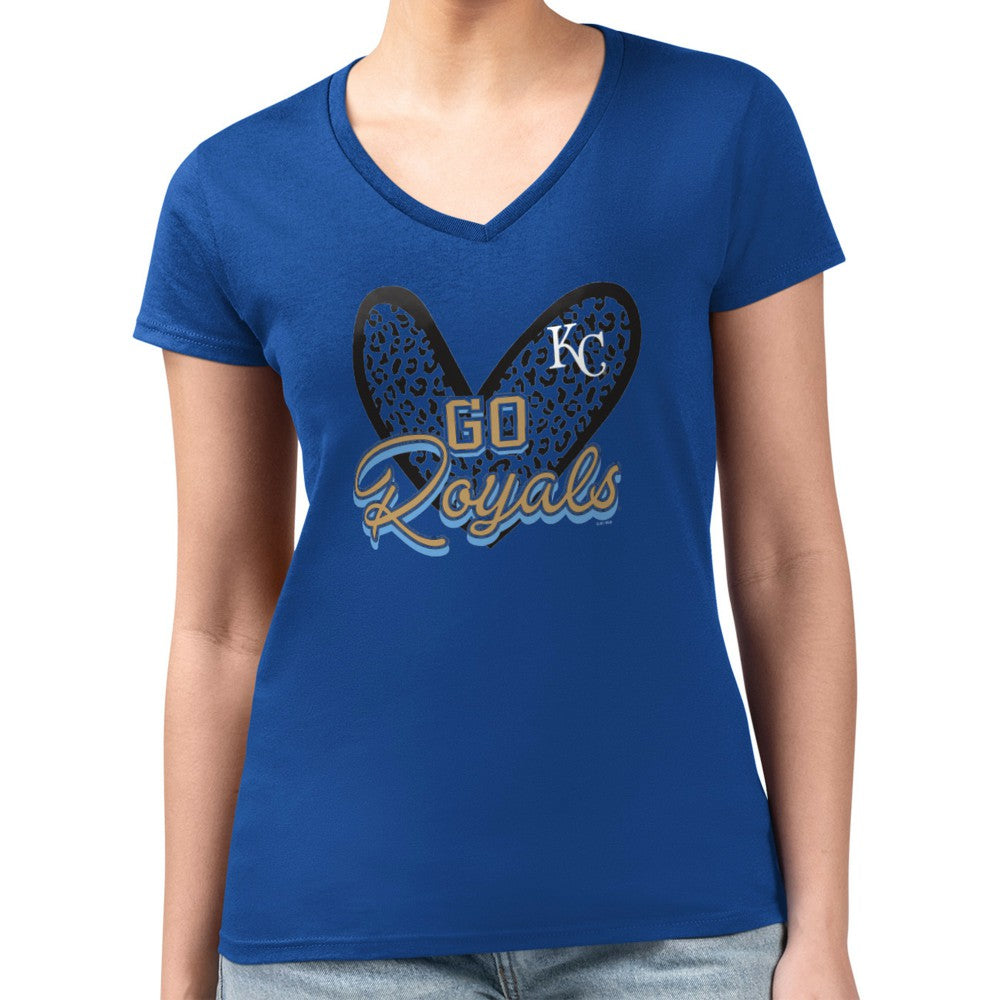 Kansas City Royals G-III 4Her by Carl Banks Women's Super-Slim Fit Lightweight Leopard Heart V-Neck T-Shirt Outlet