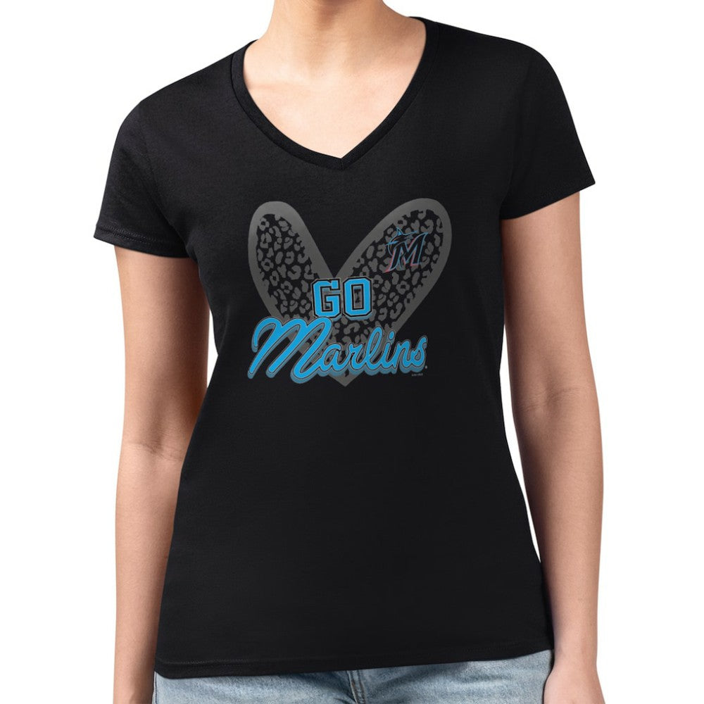 Miami Marlins G-III 4Her by Carl Banks Women's Super-Slim Fit Lightweight Leopard Heart V-Neck T-Shirt Outlet