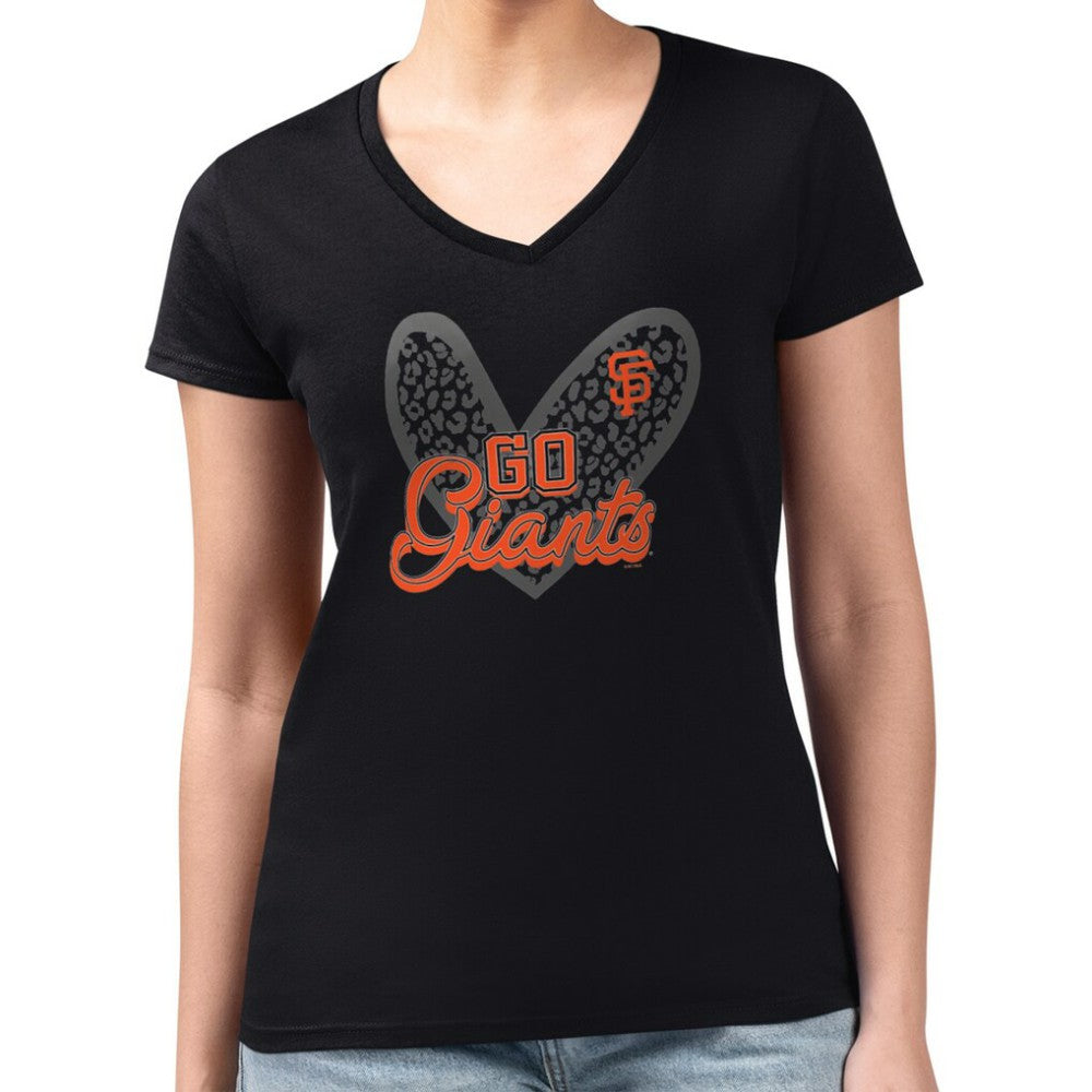 San Francisco Giants G-III 4Her by Carl Banks Women's Super-Slim Fit Lightweight Leopard Heart V-Neck T-Shirt for sale