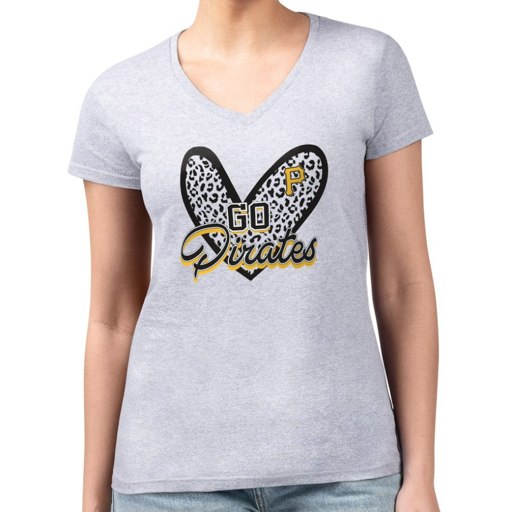 Pittsburgh Pirates G-III 4Her by Carl Banks Women's Super-Slim Fit Lightweight Leopard Heart V-Neck T-Shirt Sale