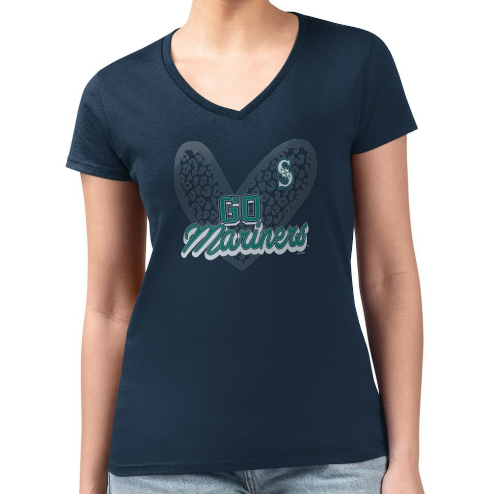 Seattle Mariners G-III 4Her by Carl Banks Women's Super-Slim Fit Lightweight Leopard Heart V-Neck T-Shirt Outlet