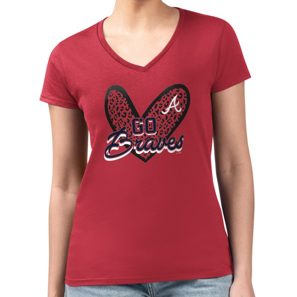 Atlanta Braves G-III 4Her by Carl Banks Women's Super-Slim Fit Lightweight Leopard Heart V-Neck T-Shirt Sale
