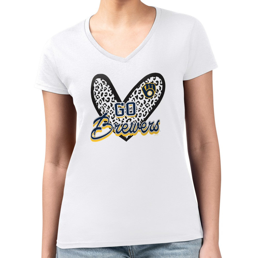 Milwaukee Brewers G-III 4Her by Carl Banks Women's Super-Slim Fit Lightweight Leopard Heart V-Neck T-Shirt Outlet