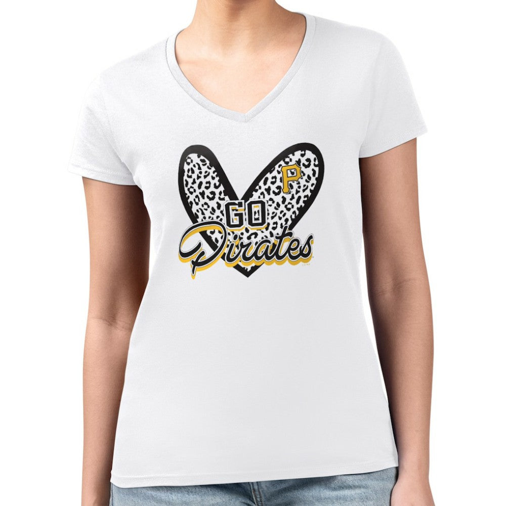 Pittsburgh Pirates G-III 4Her by Carl Banks Women's Super-Slim Fit Lightweight Leopard Heart V-Neck T-Shirt for sale