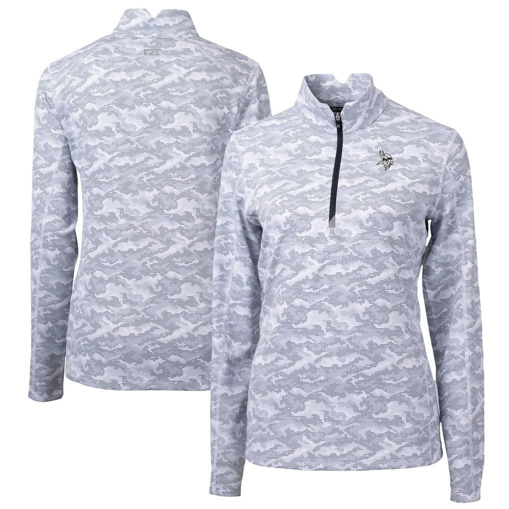 Minnesota Vikings Cutter & Buck Women's Traverse Camo Print Stretch Tri-Blend Quarter-Zip Top - Gray - NFL