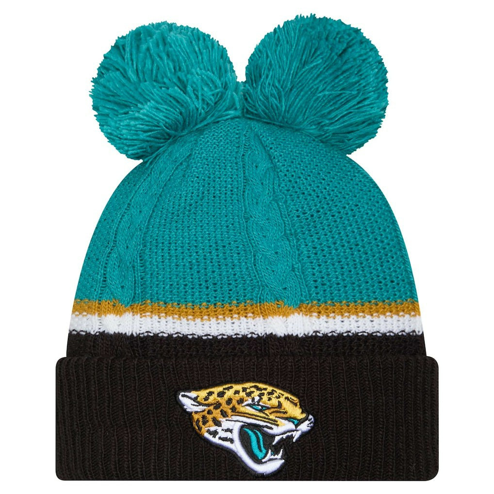 Jacksonville Jaguars New Era Women's Double Bubble Cuffed Knit Hat with Poms - Black - NFL