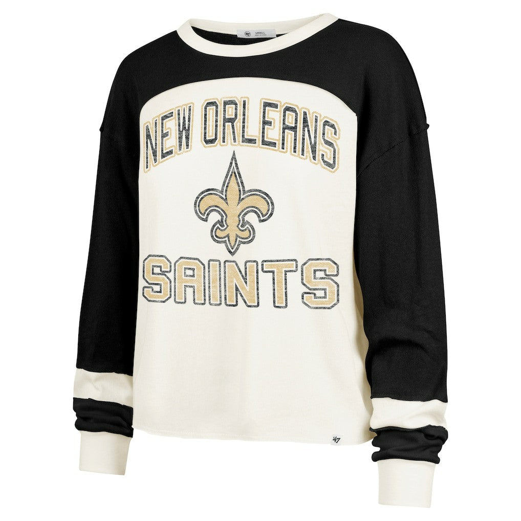 New Orleans Saints '47 Women's Double Header Curve Raglan Long Sleeve Crop Top - Cream - 47 brand