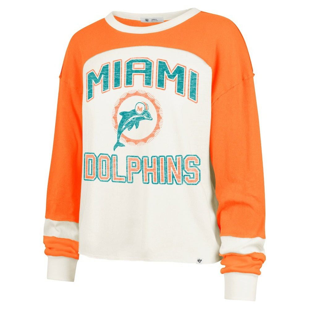 Miami Dolphins '47 Women's Double Header Curve Raglan Long Sleeve Crop Top - Cream - 47 brand