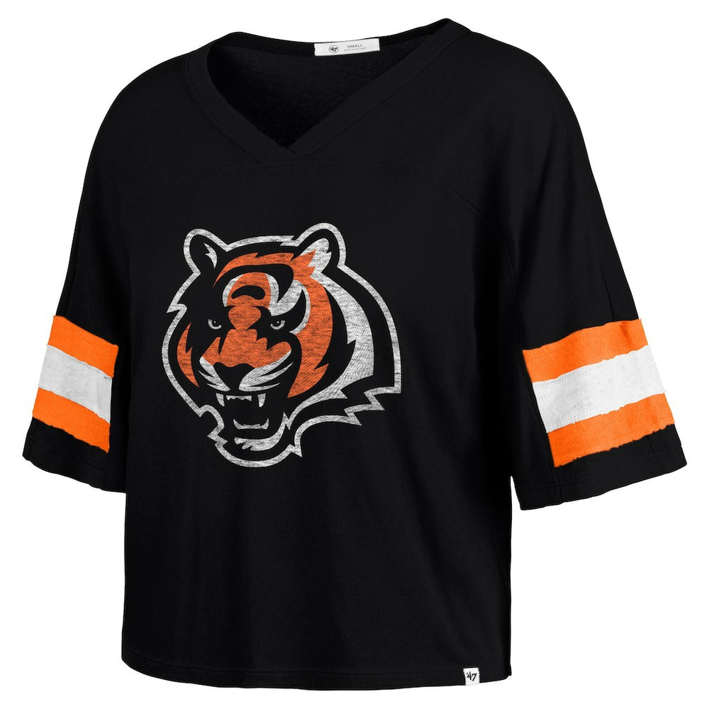 Cincinnati Bengals '47 Women's Double Header Scout Cropped V-Neck T-Shirt - Black - 47 brand