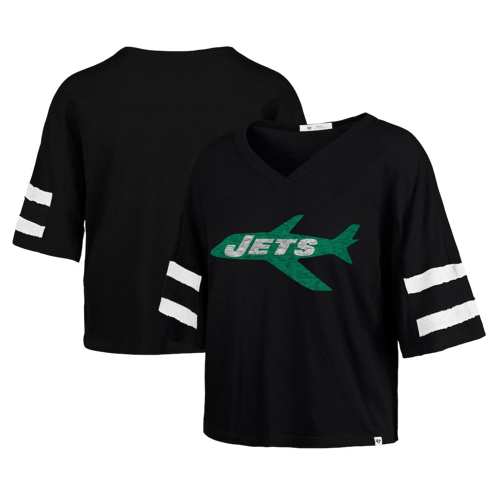 New York Jets '47 Women's Double Header Scout Cropped V-Neck T-Shirt - Black - 47 brand