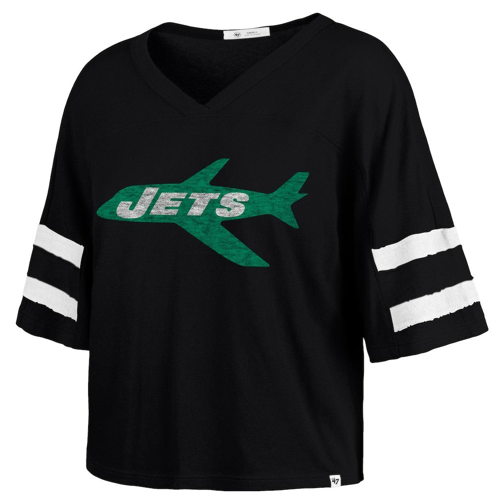 New York Jets '47 Women's Double Header Scout Cropped V-Neck T-Shirt - Black - 47 brand