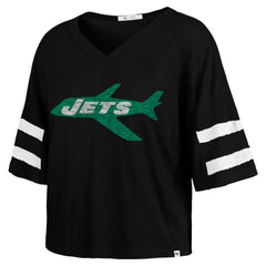 New York Jets '47 Women's Double Header Scout Cropped V-Neck T-Shirt - Black - 47 brand