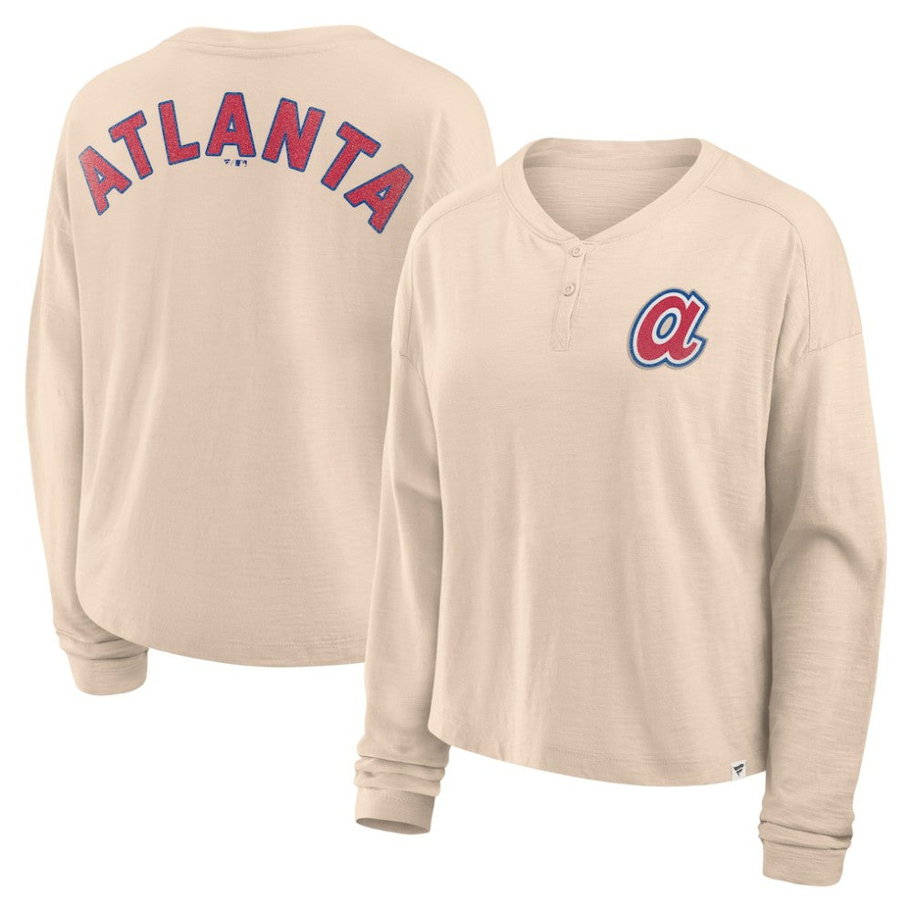 Atlanta Braves Fanatics Women's Oversized Stadium Slub Long Sleeve Henley T-Shirt Outlet