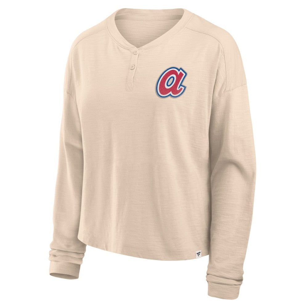 Atlanta Braves Fanatics Women's Oversized Stadium Slub Long Sleeve Henley T-Shirt Outlet