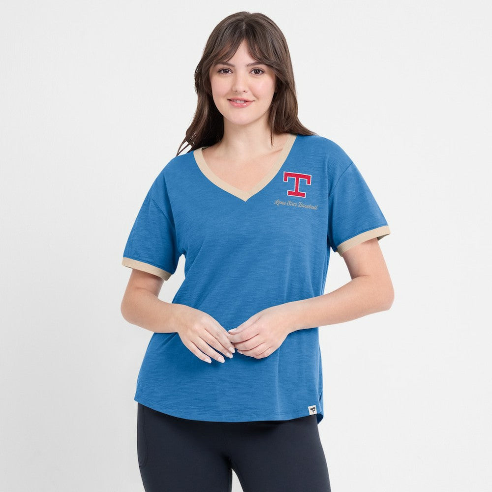 Texas Rangers Fanatics Women's Binge Worthy Stadium Slub V-Neck T-Shirt Outlet