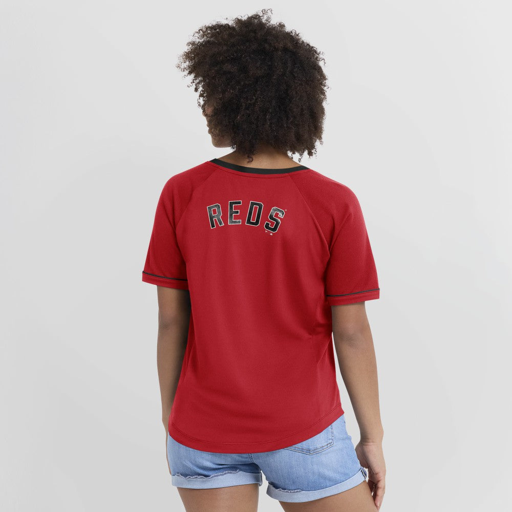 Cincinnati Reds Fanatics Women's Cooperstown Collection League Diva Raglan V-Neck T-Shirt Discount