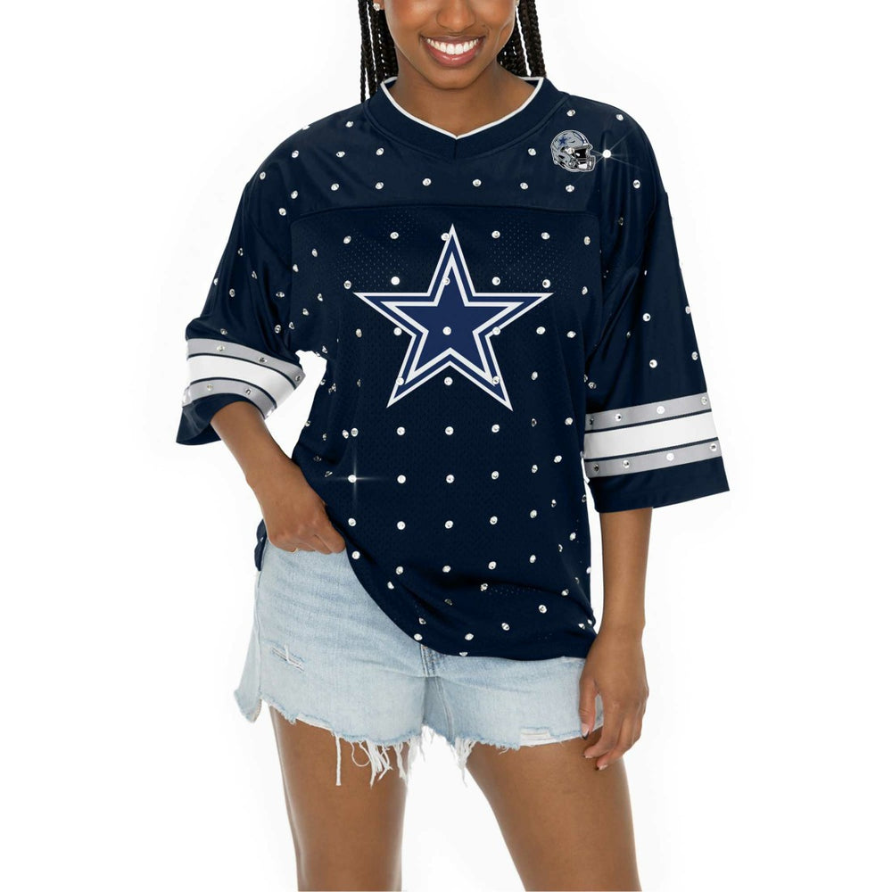 Dallas Cowboys Gameday Couture Women's Kickoff Time Allover Rhinestone Sports Stripe Jersey V-Neck T-Shirt - Navy - NFL