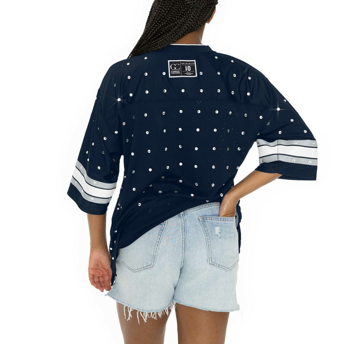 Dallas Cowboys Gameday Couture Women's Kickoff Time Allover Rhinestone Sports Stripe Jersey V-Neck T-Shirt - Navy - NFL