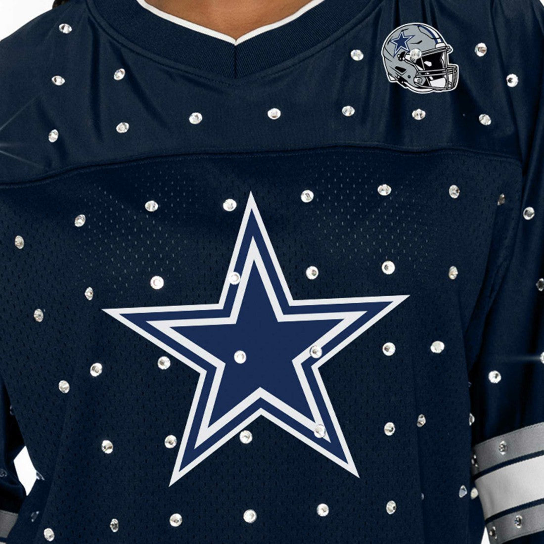 Dallas Cowboys Gameday Couture Women's Kickoff Time Allover Rhinestone Sports Stripe Jersey V-Neck T-Shirt - Navy - NFL