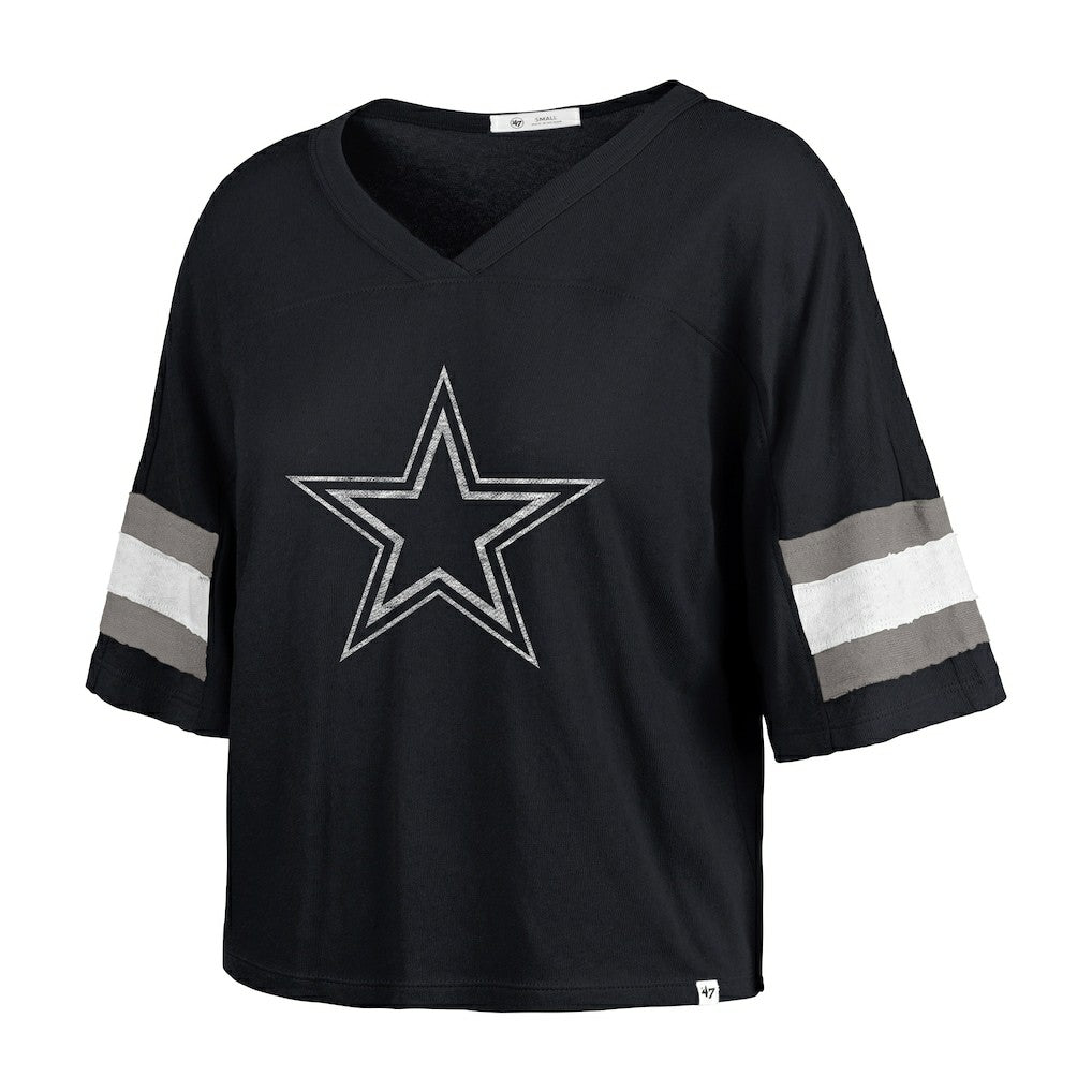 Dallas Cowboys '47 Women's Double Header Scout Cropped V-Neck T-Shirt - Navy - 47 brand